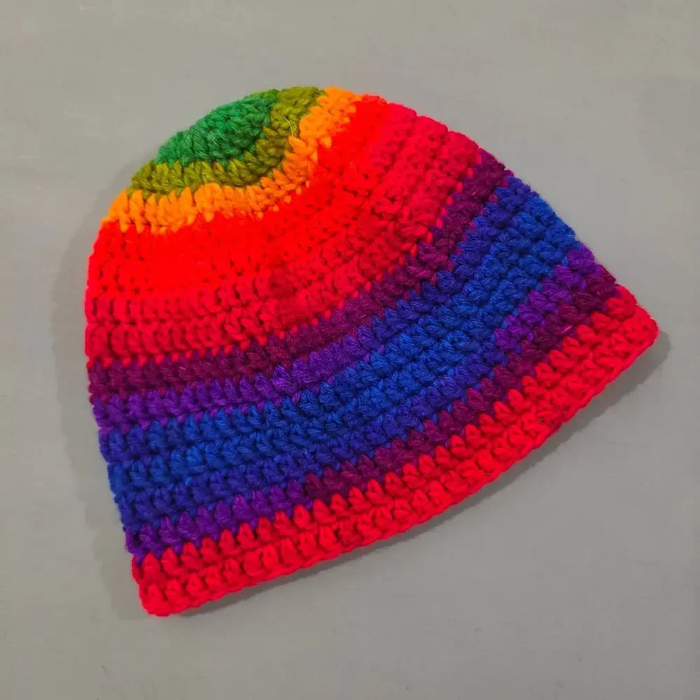 Handmade Crochet Rainbow Striped Beanie Hat Womens One Size Adult Colorful